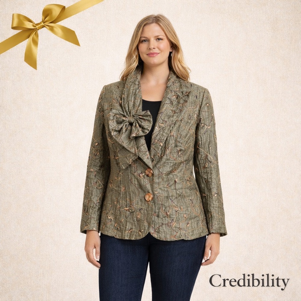 Credibility By Sheri Drobnick Bowed Jacket Olive